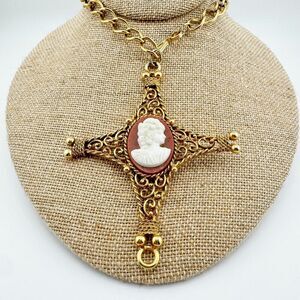 Vintage Victorian Cameo Cross Filigree Statement Necklace Elegance Regency Glam